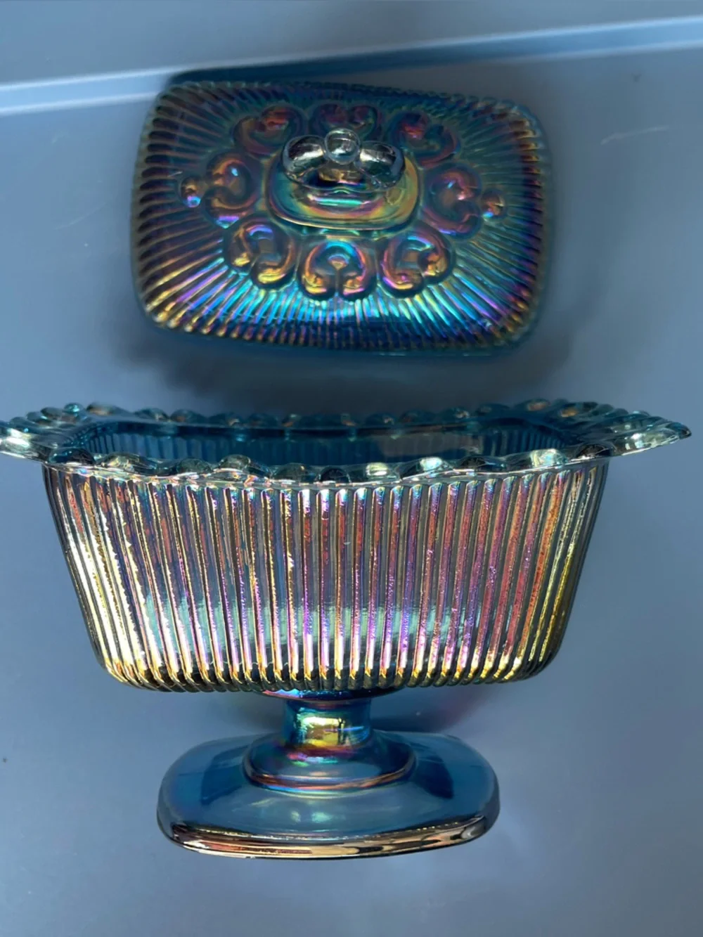 Iridescent Blue Glass Covered Dish - Decorative Home Accent